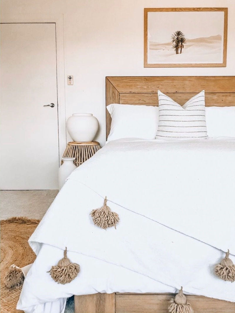 Handmade Moroccan white Striped Pom Pom Blanket