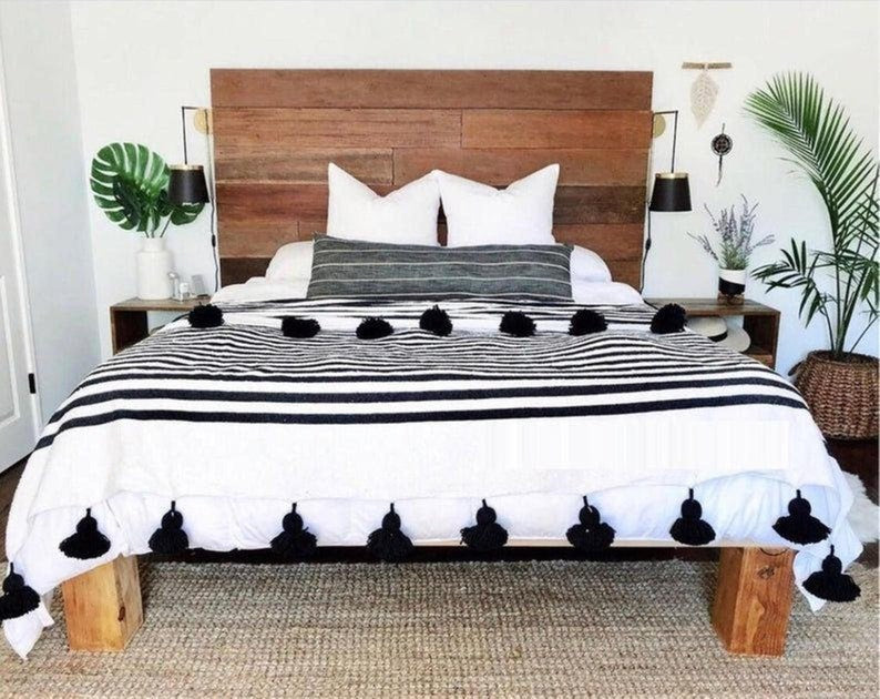 Handmade Moroccan Black & Zebra Striped Pom Pom Blanket