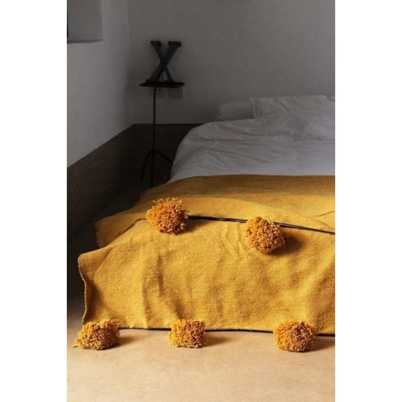 Handmade Moroccan Black & mustard Striped Pom Pom Blanket