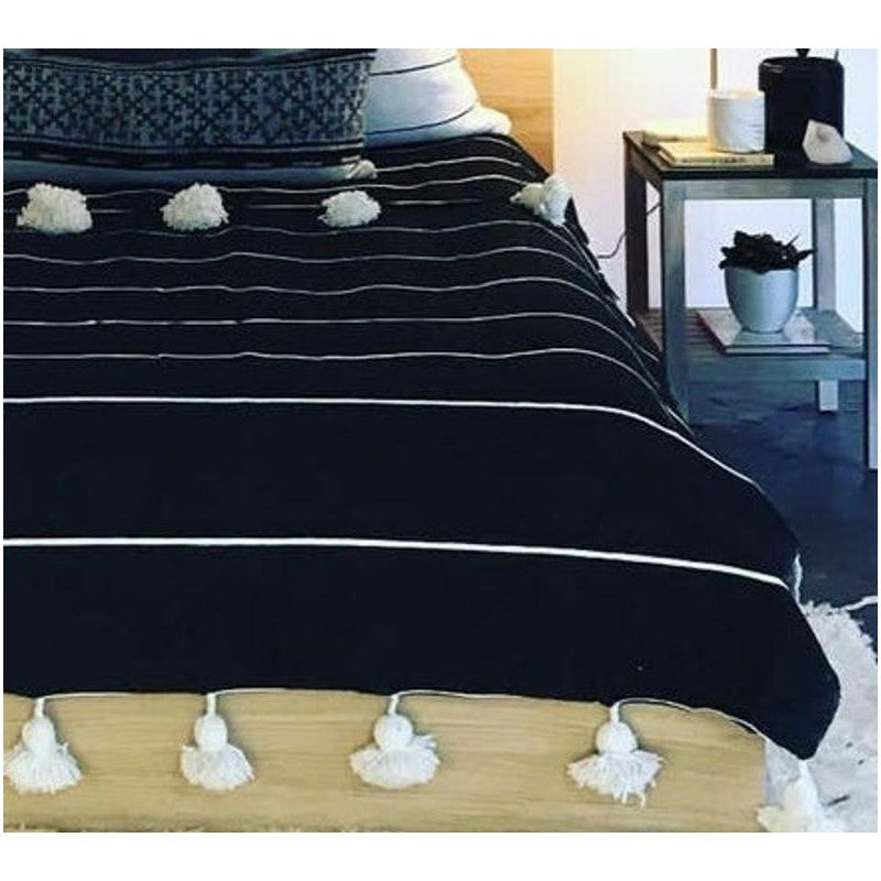 Handmade Moroccan Black & Black Striped Pom Pom Blanket