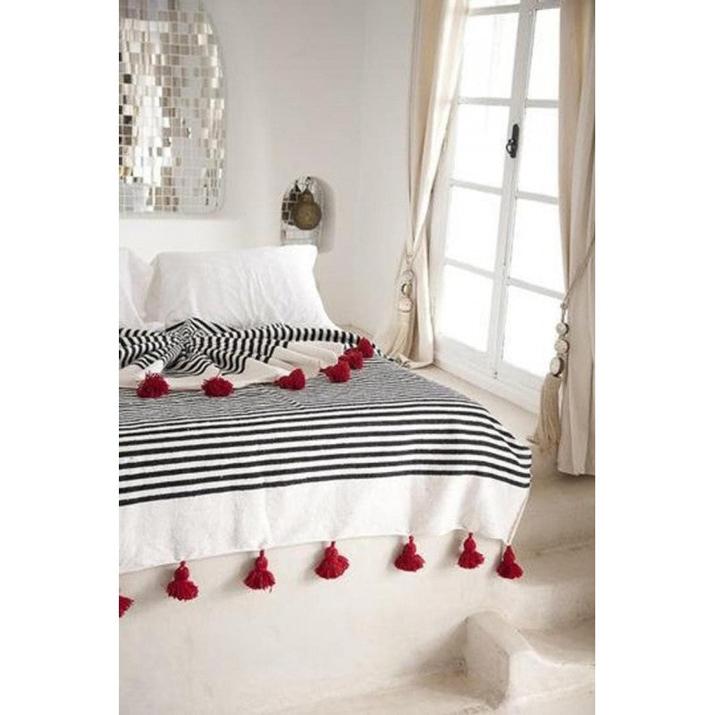 Handmade Moroccan Black & Orange Striped Pom Pom Blanket