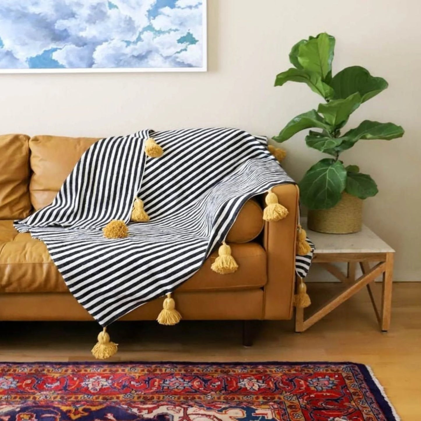 Handmade Moroccan Black & Kesh Striped Pom Pom Blanket