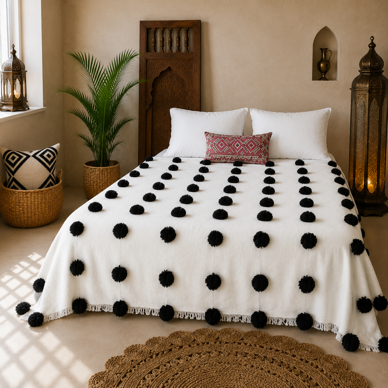 Handmade Moroccan white with Black Pom Pom Blanket