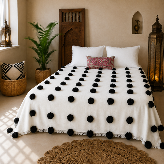 Handmade Moroccan white with Black Pom Pom Blanket