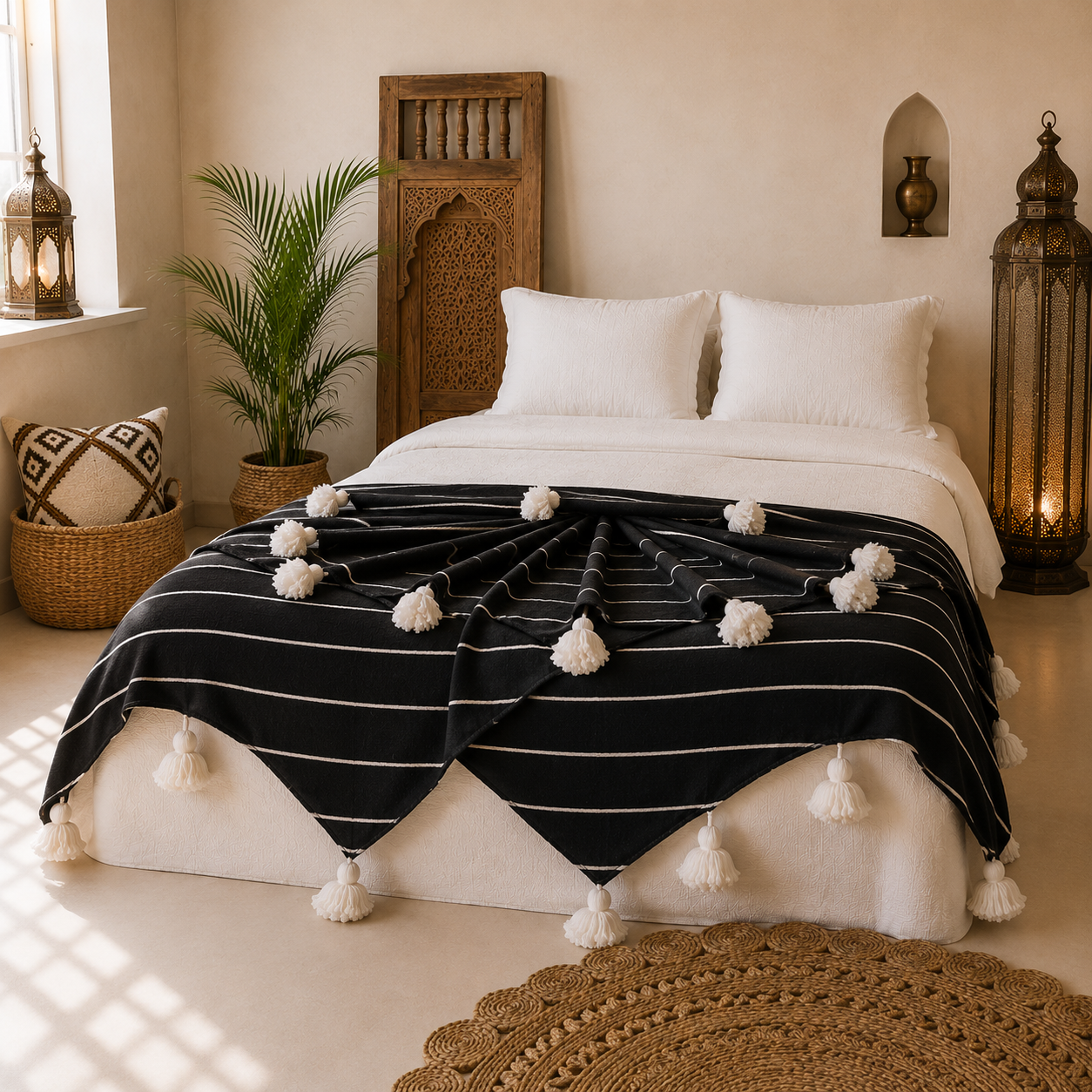 Handmade Moroccan Black & Black Striped Pom Pom Blanket