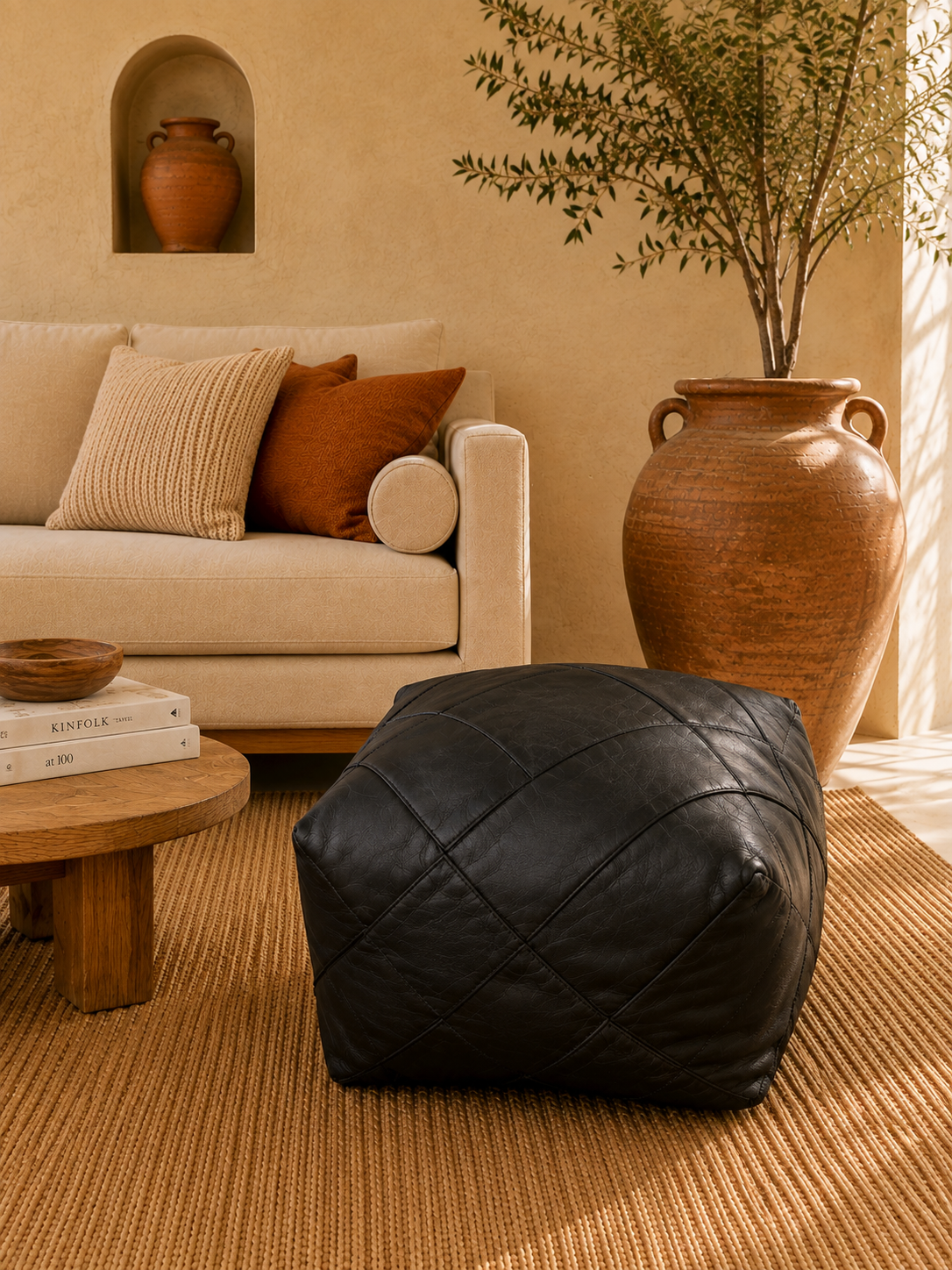 Handmade Moroccan Black Leather Pouf | Genuine Leather Ottoman | ArtisanNomad