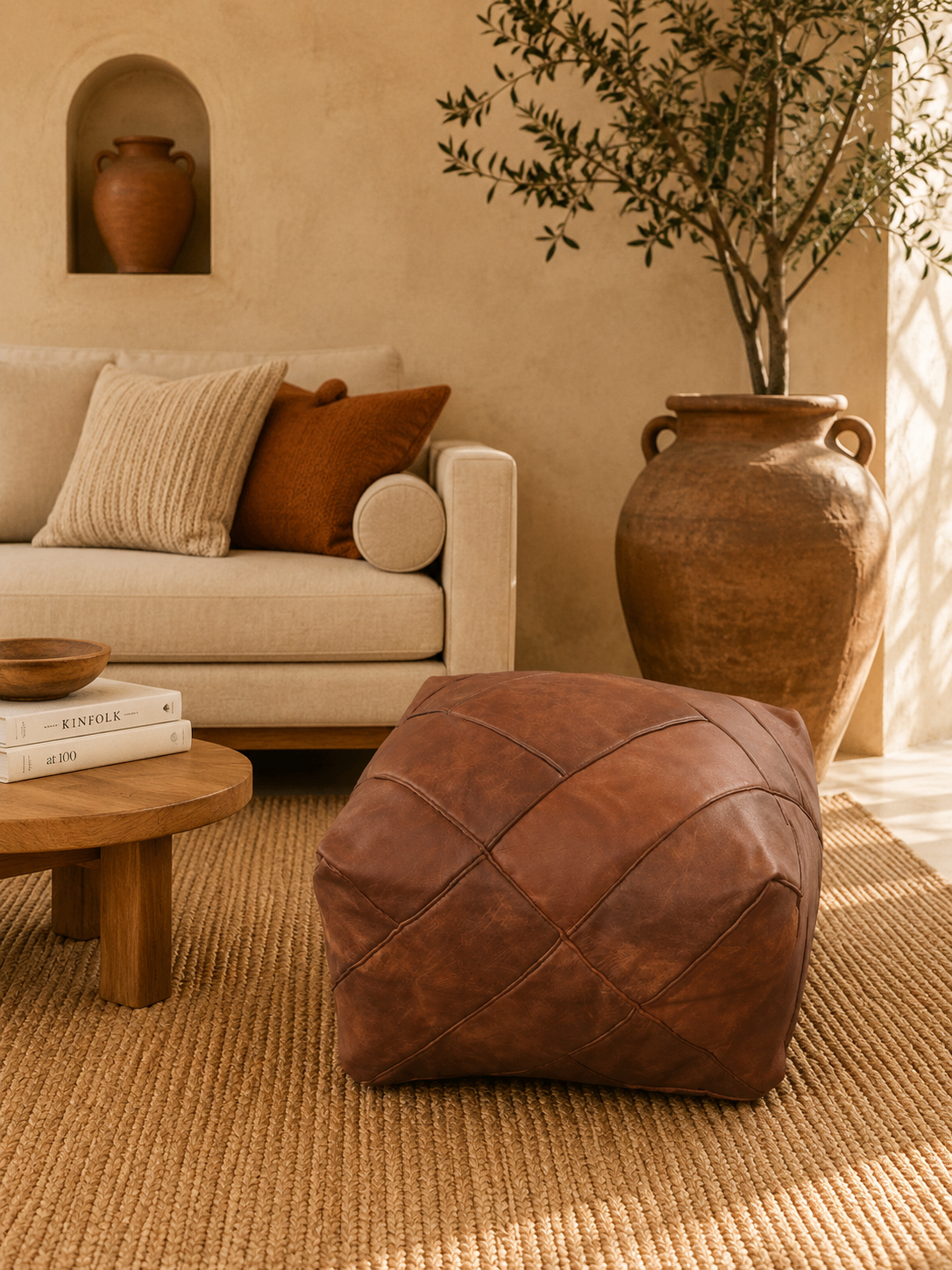 Handmade Moroccan Leather Pouf | Genuine Leather Ottoman | ArtisanNomad