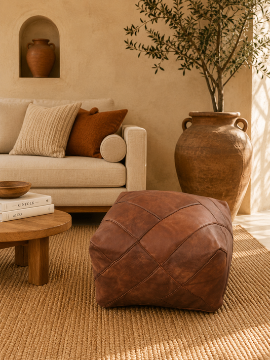 Handmade Moroccan Leather Pouf | Genuine Leather Ottoman | ArtisanNomad