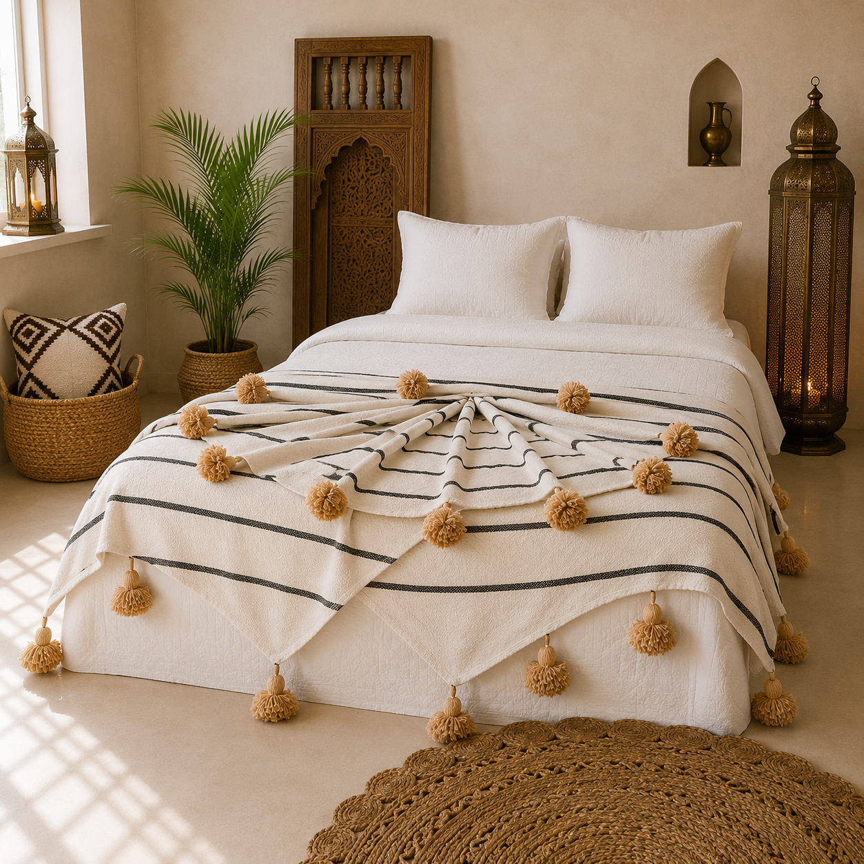 Handmade Moroccan Bee Striped Pom Pom Blanket
