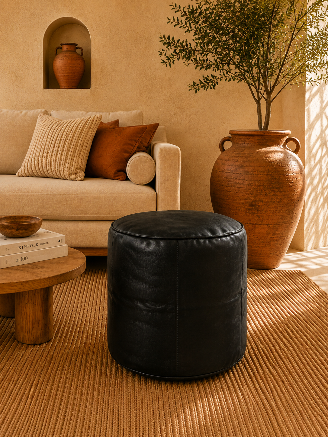 Black Handmade Moroccan Leather Pouf Ottoman – Genuine Leather Footstool