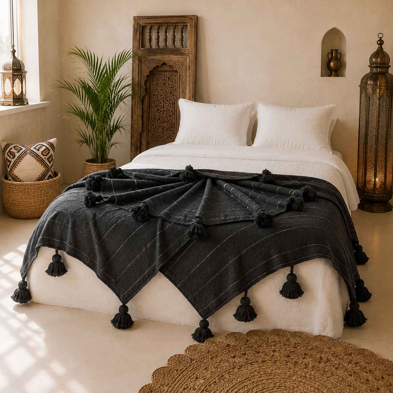 Handmade Moroccan Black & Black Striped Pom Pom Blanket