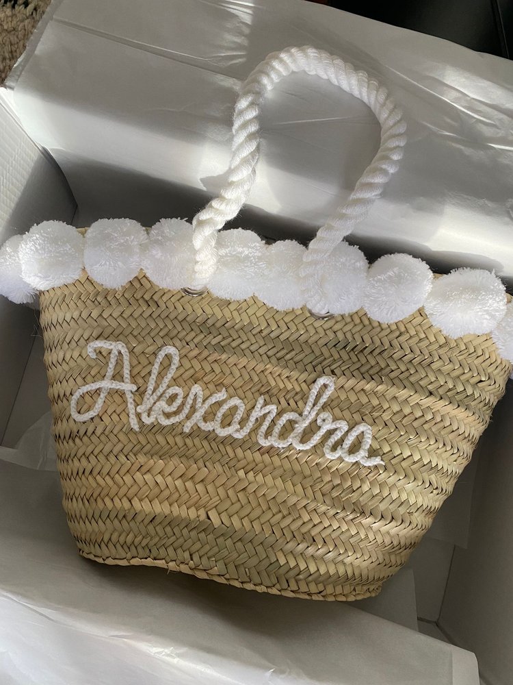 Personalised handwoven-moroccan-straw-beach-bag-with-pompoms