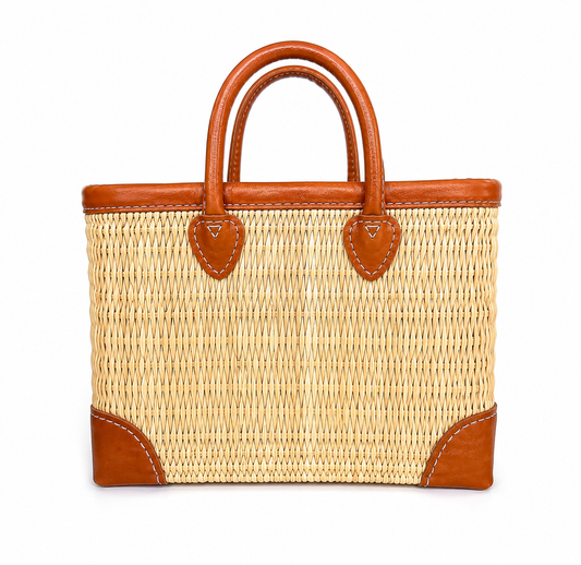 Handwoven Moroccan Straw Basket with Leather Handles | ArtisanNomad