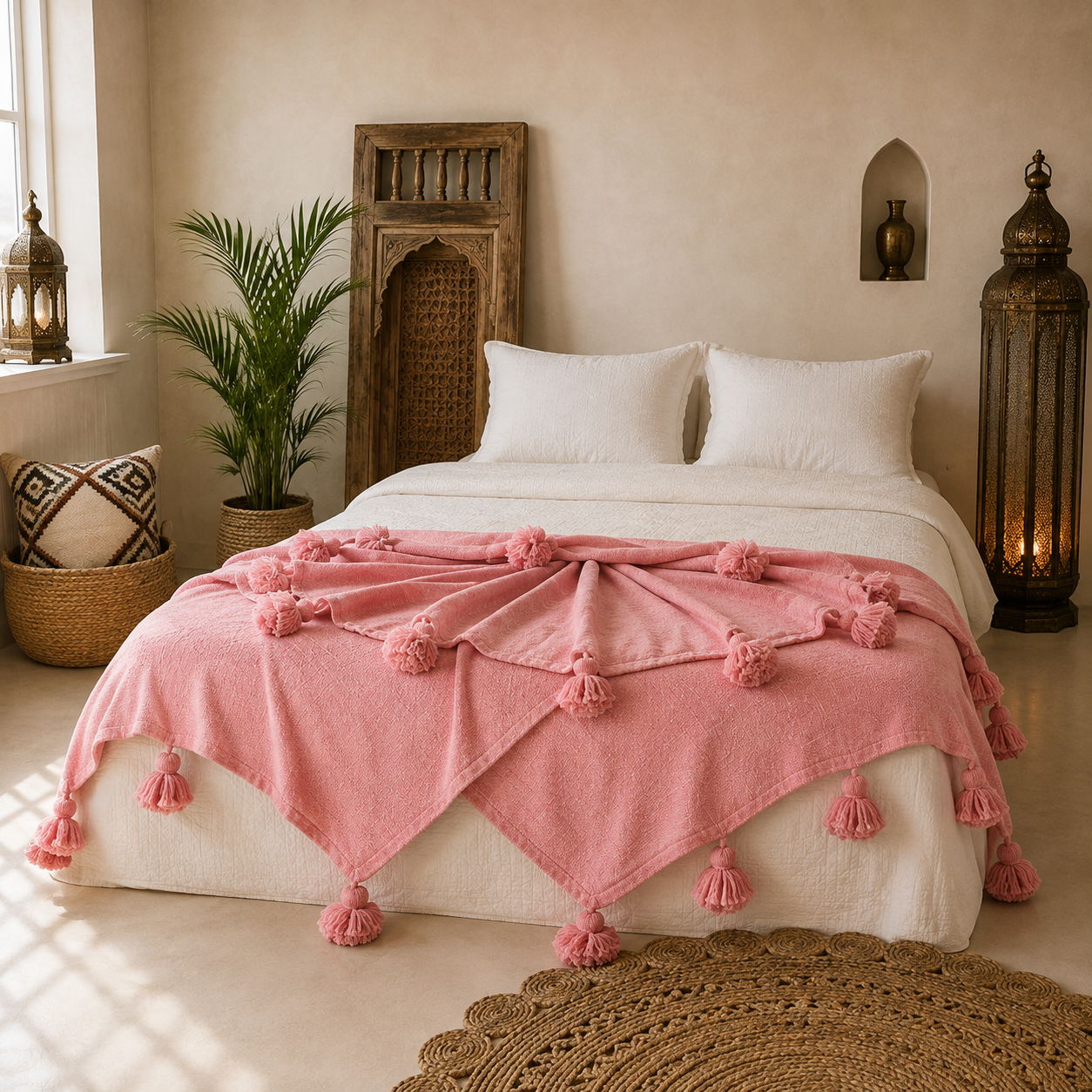 Handmade Moroccan Black & Orange Striped Pom Pom Blanket