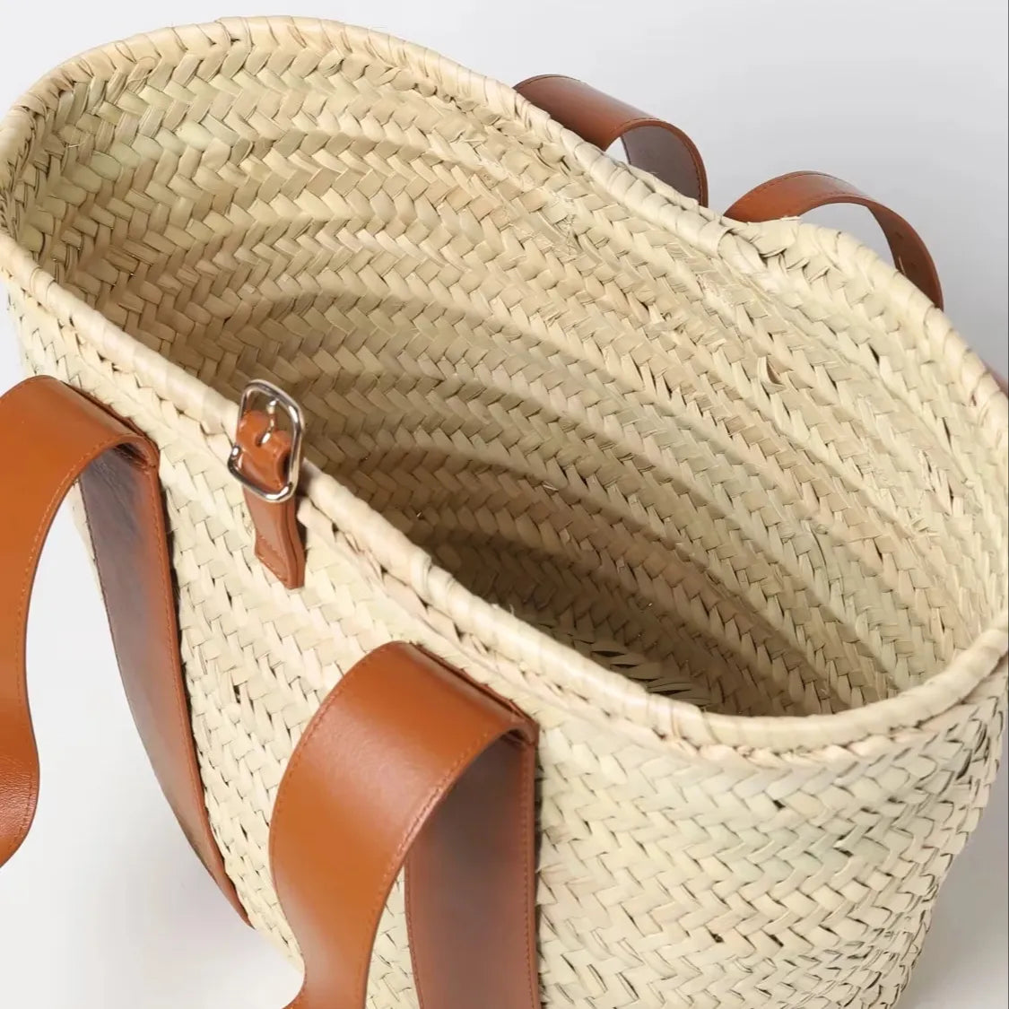Moroccan Straw Tote Bag with Genuine Leather Handles | Handmade Palm Leaf Basket