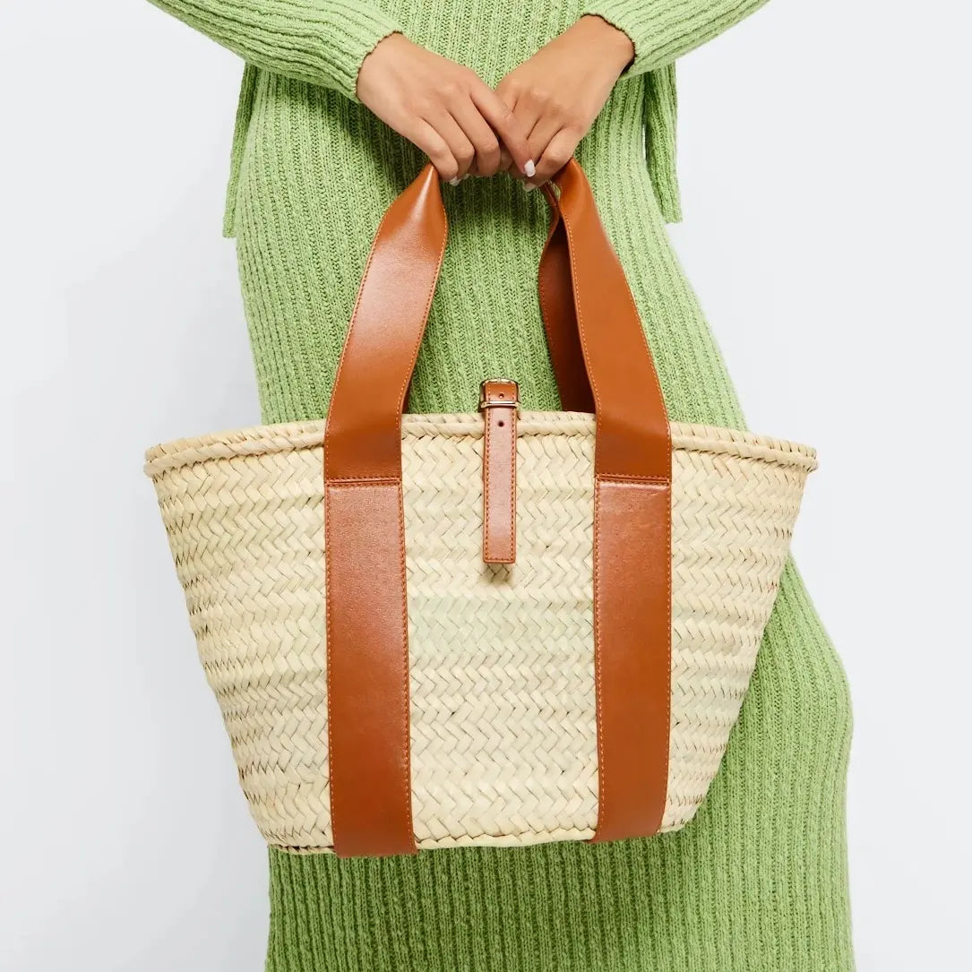 Moroccan Straw Tote Bag with Genuine Leather Handles | Handmade Palm Leaf Basket