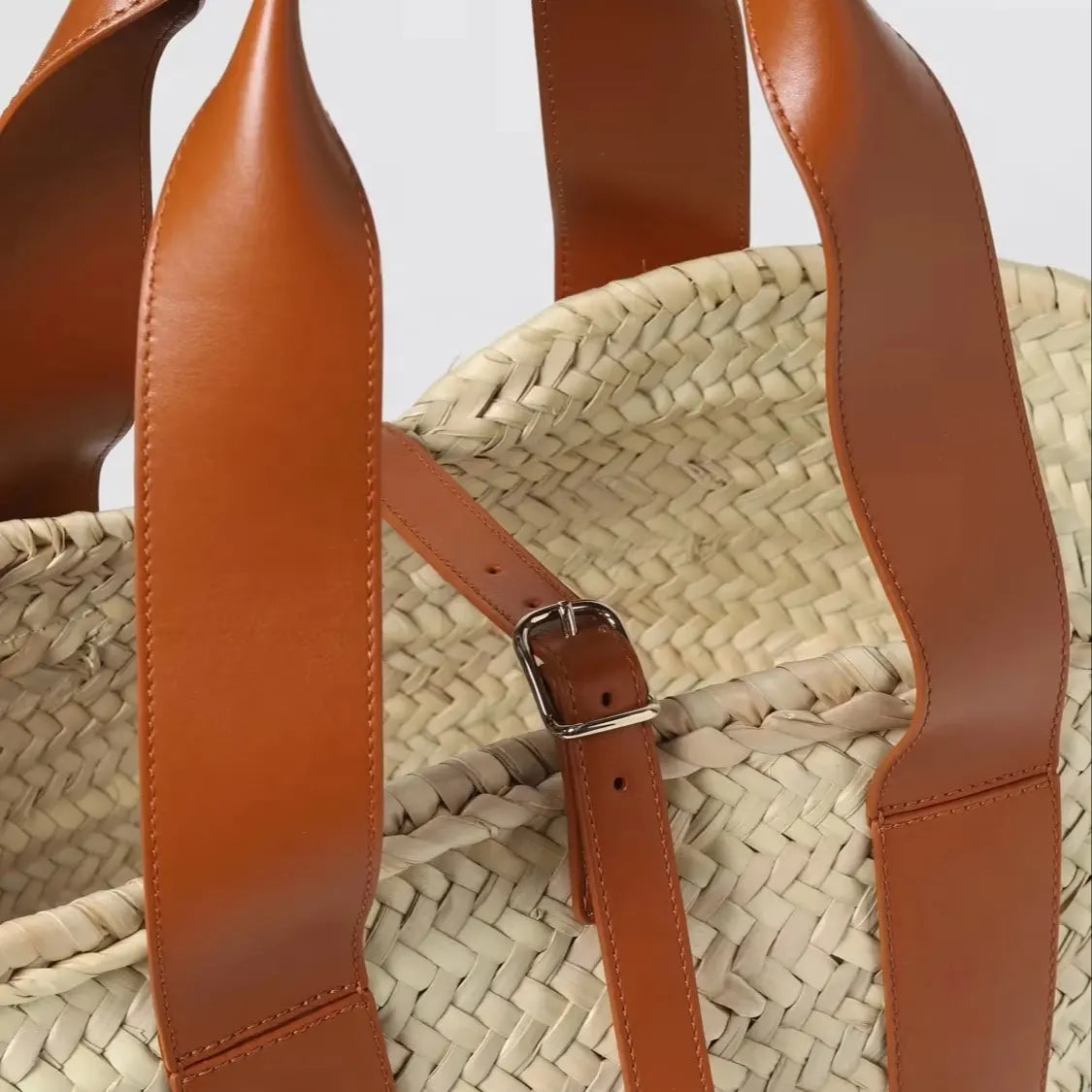 Moroccan Straw Tote Bag with Genuine Leather Handles | Handmade Palm Leaf Basket