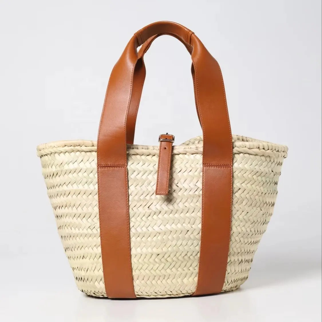 Moroccan Straw Tote Bag with Genuine Leather Handles | Handmade Palm Leaf Basket