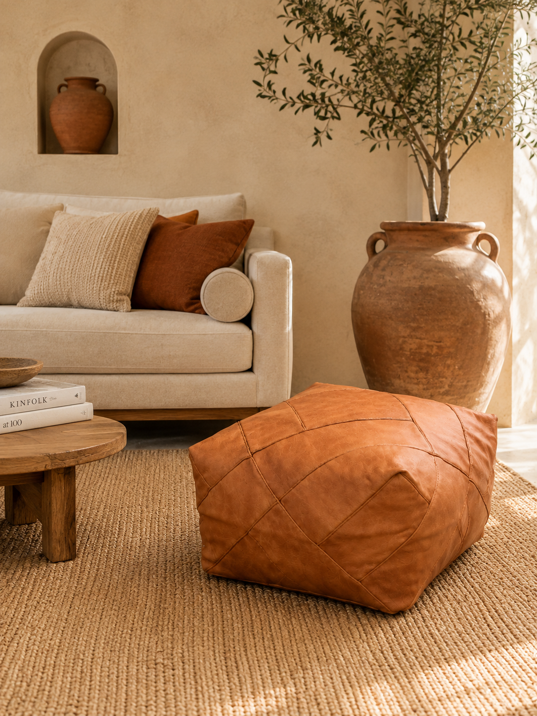 Handmade Moroccan Leather Pouf | Genuine Leather Ottoman | ArtisanNomad