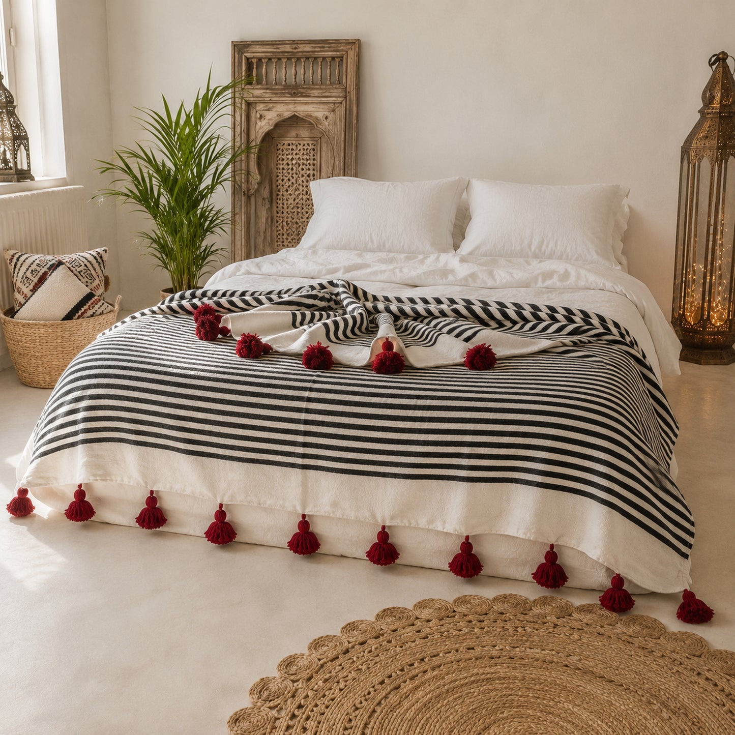Handmade Moroccan Black & Orange Striped Pom Pom Blanket