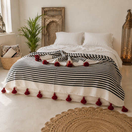 Handmade Moroccan Black & Orange Striped Pom Pom Blanket