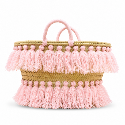 Natural Palm Leaf Straw Basket with Pink Tassels | Handmade Tote
