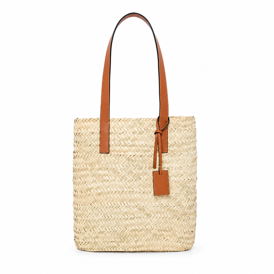 Handwoven Moroccan Straw Shopper Tote Bag with Tan Leather Handles