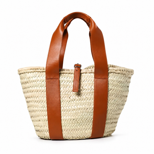 Moroccan Straw Tote Bag with Genuine Leather Handles | Handmade Palm Leaf Basket