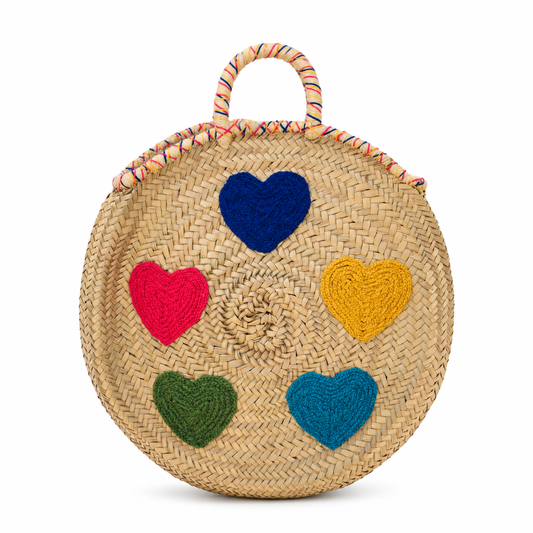 Handwoven Round Moroccan Straw Bag with Colorful Hearts | Handmade Palm Leaf Beach Tote | ArtisanNomad