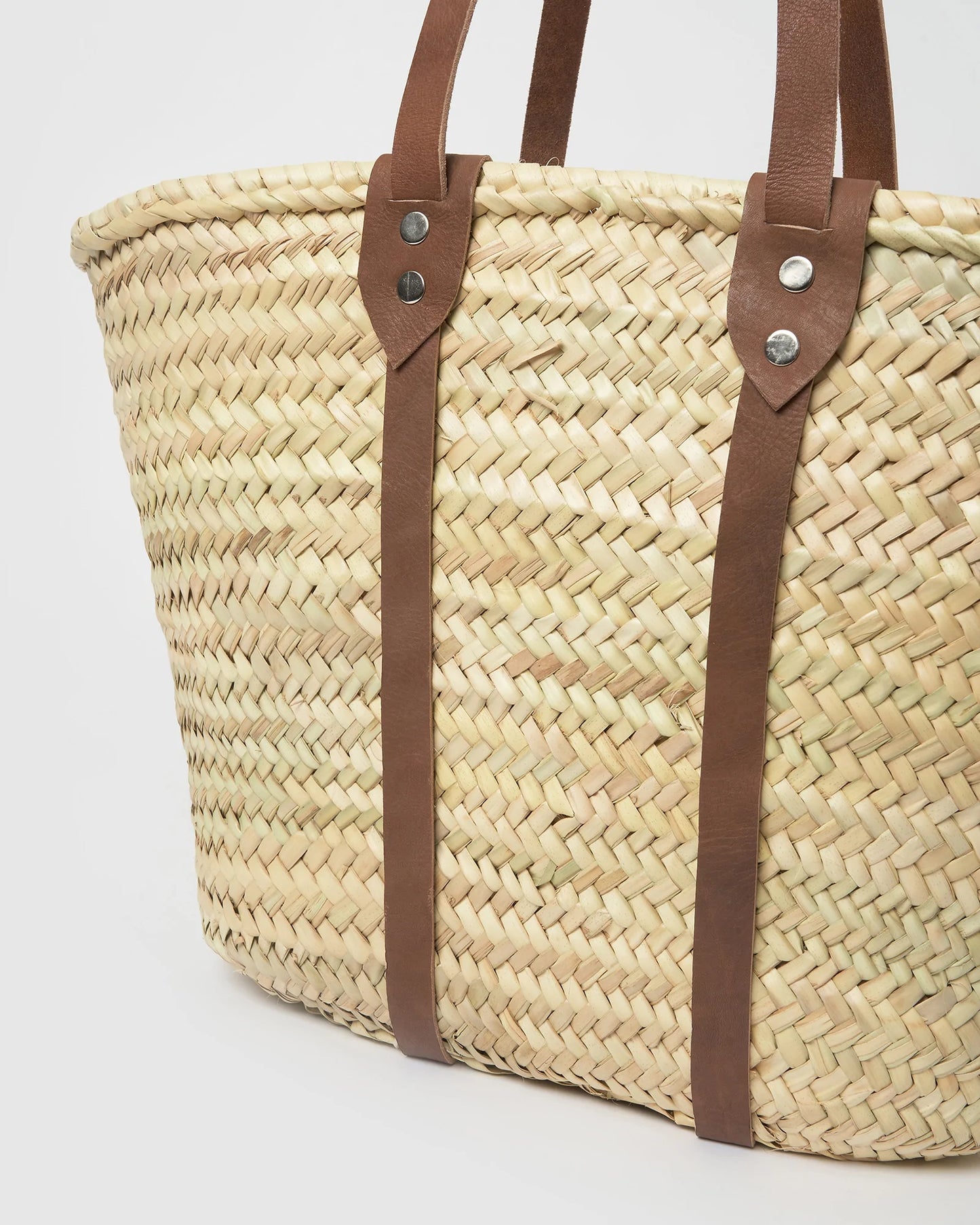 Handmade Moroccan Straw Beach Bag | Long Leather Strap Raffia Tote Basket