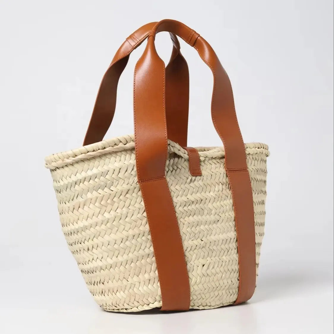 Moroccan Straw Tote Bag with Genuine Leather Handles | Handmade Palm Leaf Basket
