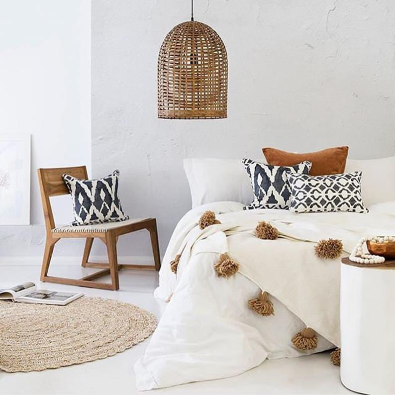 Handmade Moroccan white Striped Pom Pom Blanket