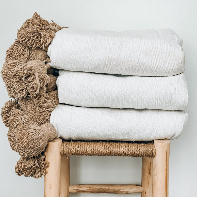 Handmade Moroccan white Striped Pom Pom Blanket
