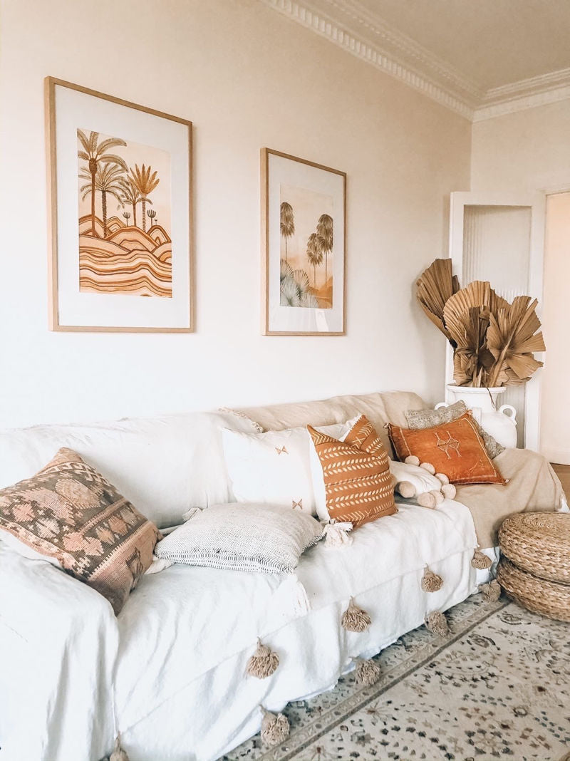 Handmade Moroccan white Striped Pom Pom Blanket