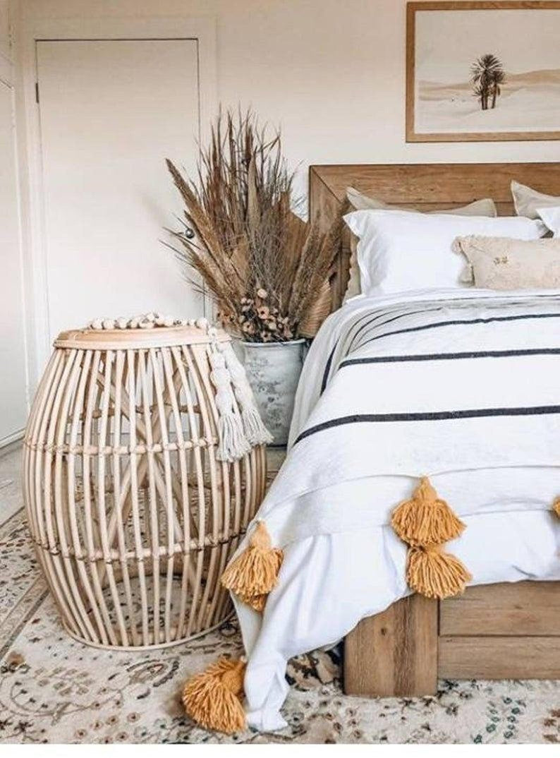 Handmade Moroccan Bee Striped Pom Pom Blanket