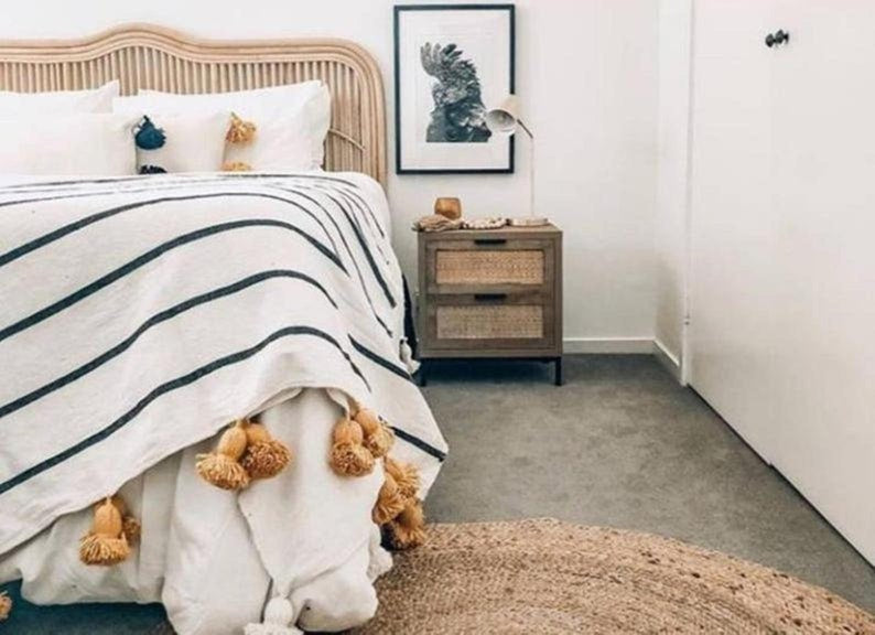 Handmade Moroccan Bee Striped Pom Pom Blanket