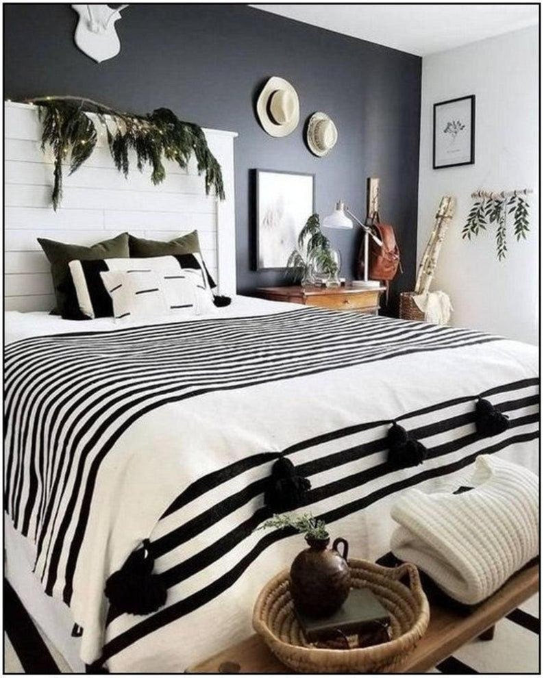 Handmade Moroccan Black & Zebra Striped Pom Pom Blanket