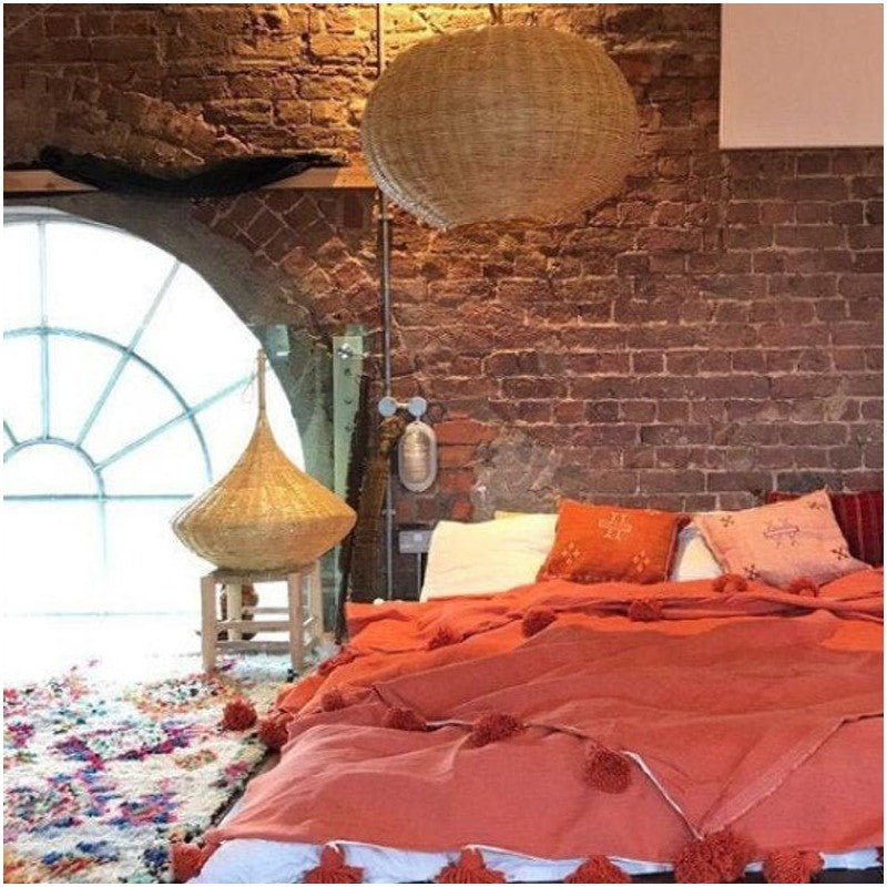 Handmade Moroccan Black & Orange Striped Pom Pom Blanket