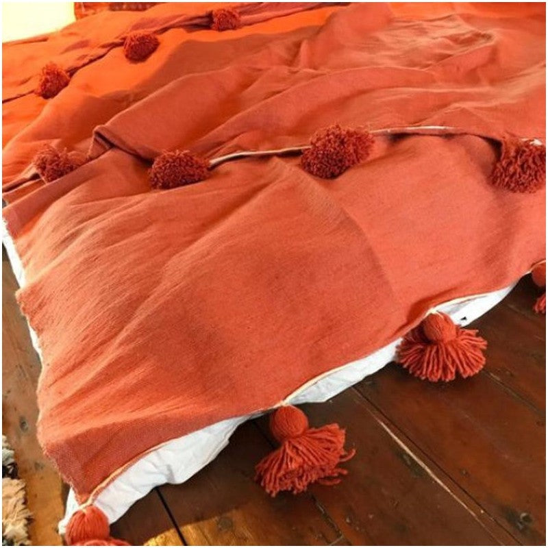 Handmade Moroccan Black & Orange Striped Pom Pom Blanket