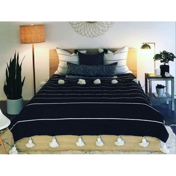 Handmade Moroccan Black & Black Striped Pom Pom Blanket