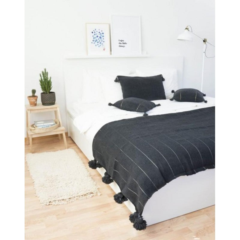 Handmade Moroccan Black & Black Striped Pom Pom Blanket