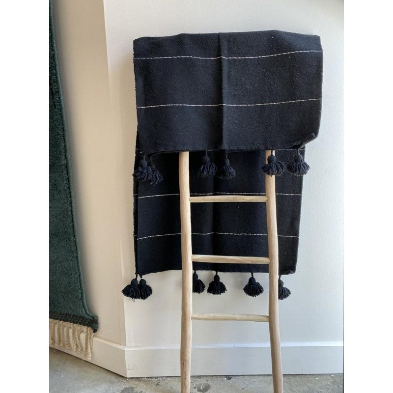 Handmade Moroccan Black & Black Striped Pom Pom Blanket