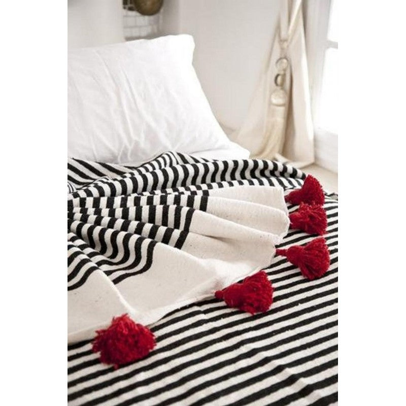 Handmade Moroccan Black & Orange Striped Pom Pom Blanket