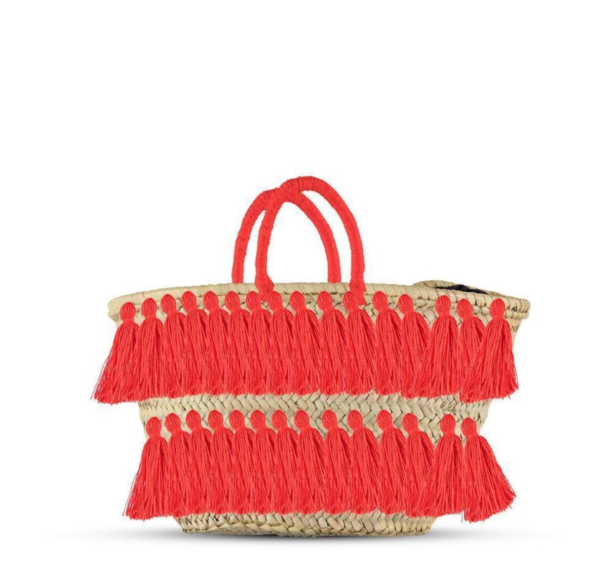 Natural Palm Leaf Straw Basket with Pink Tassels | Handmade Tote