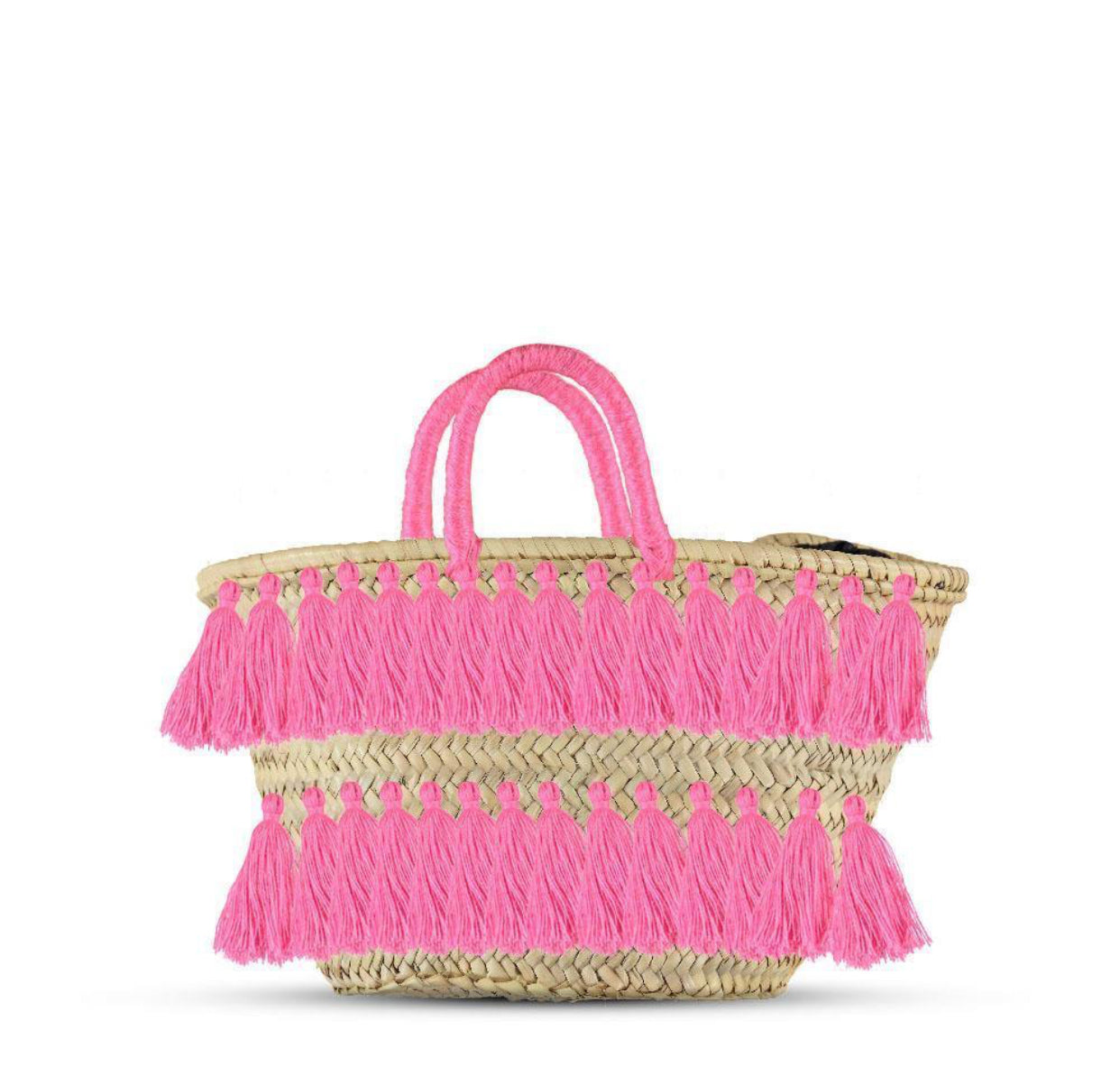 Natural Palm Leaf Straw Basket with Pink Tassels | Handmade Tote