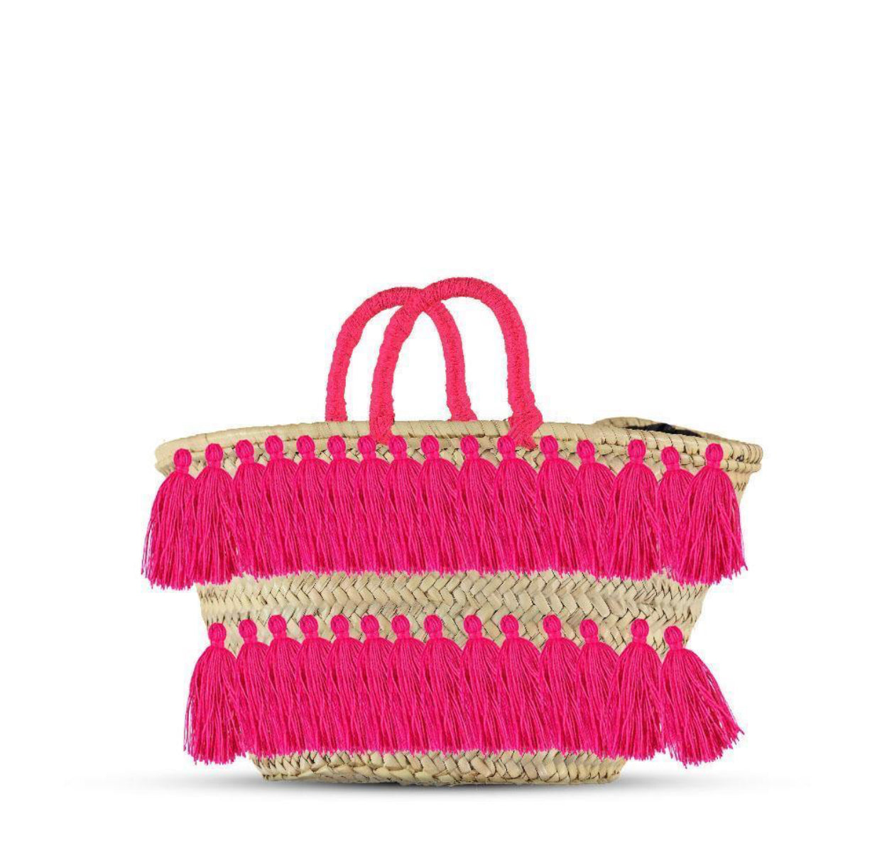 Natural Palm Leaf Straw Basket with Pink Tassels | Handmade Tote
