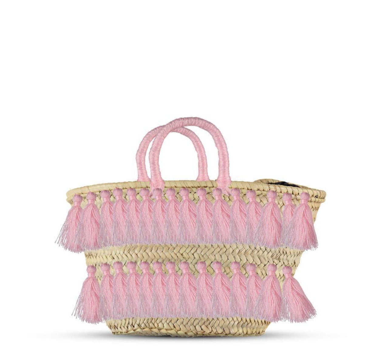 Natural Palm Leaf Straw Basket with Pink Tassels | Handmade Tote