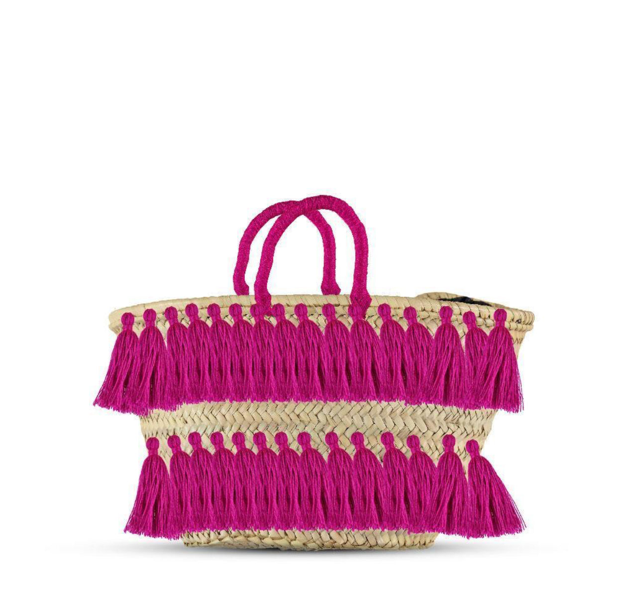Natural Palm Leaf Straw Basket with Pink Tassels | Handmade Tote