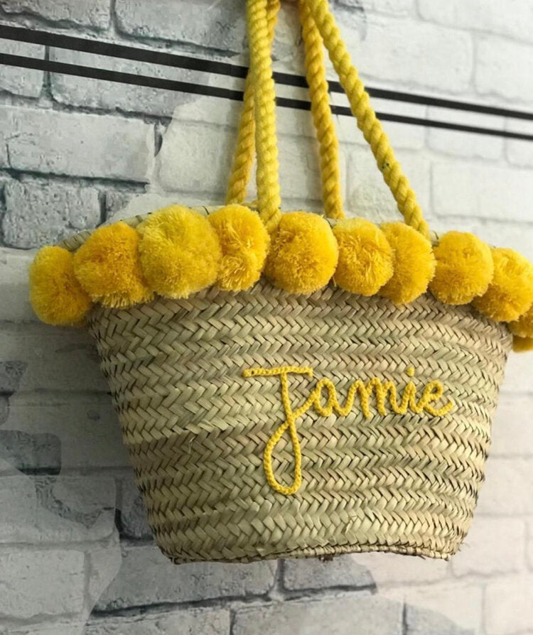 Personalised handwoven-moroccan-straw-beach-bag-with-pompoms