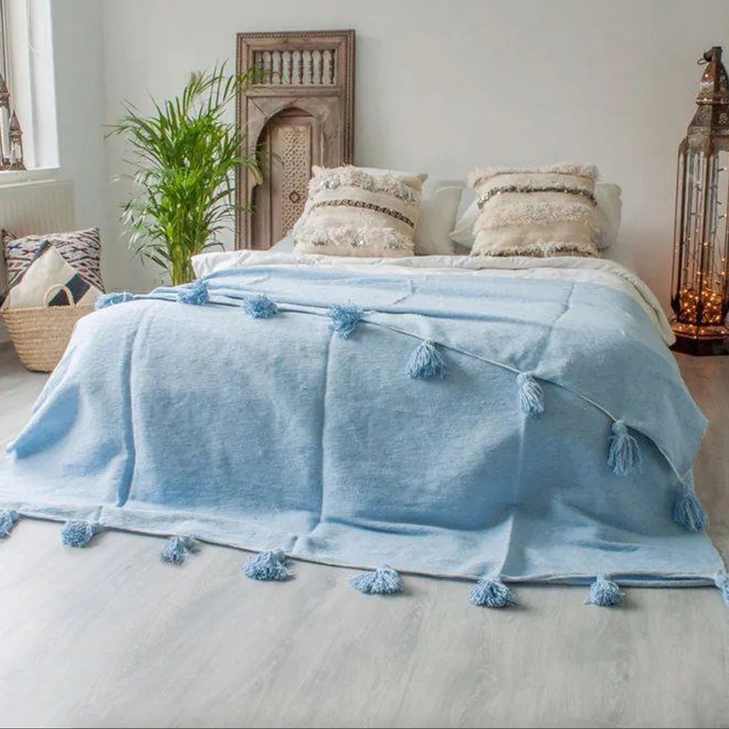 Handmade Moroccan Black & White Striped Pom Pom Blanket